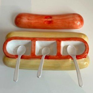 Vintage  Ceramic Hot Dog Shaped Condiment Dish Container 3 Compartments